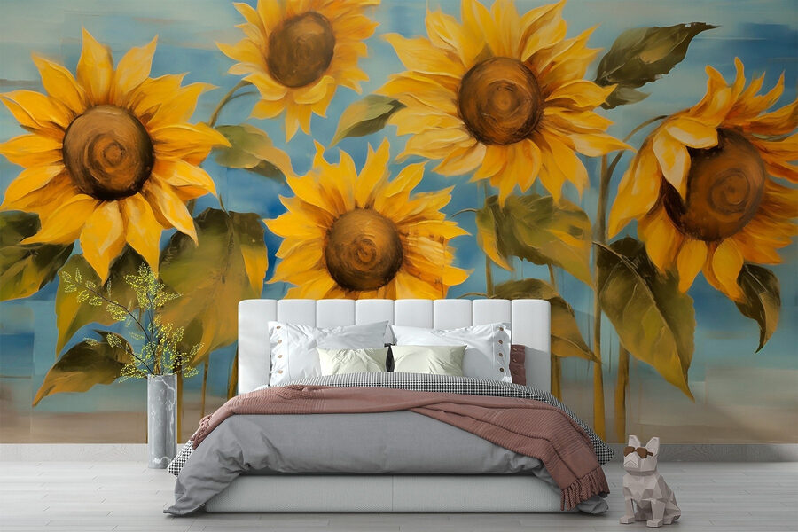 Schilderij van zonnebloemen op een muur