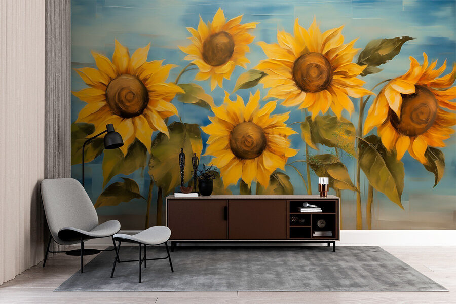 Schilderij van zonnebloemen op een muur