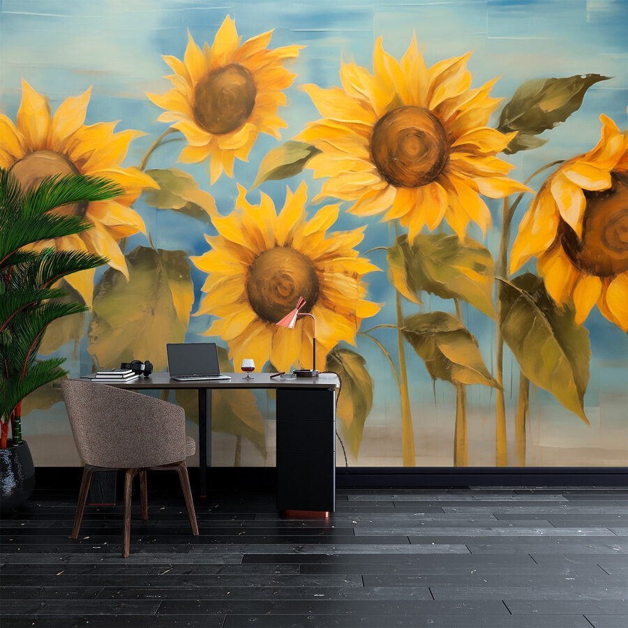 Schilderij van zonnebloemen op een muur