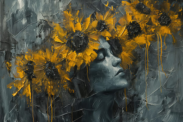 Schilderij van een vrouw met gele bloemen Schilderij van een vrouw met gele bloemen