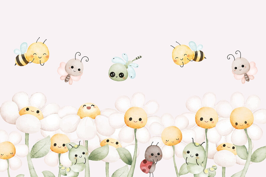 Groep cartoon insecten en bloemen