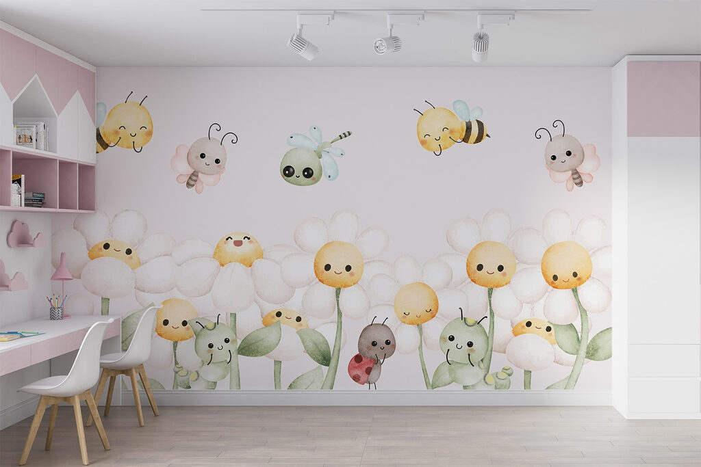 Group of cartoon bugs and flowers