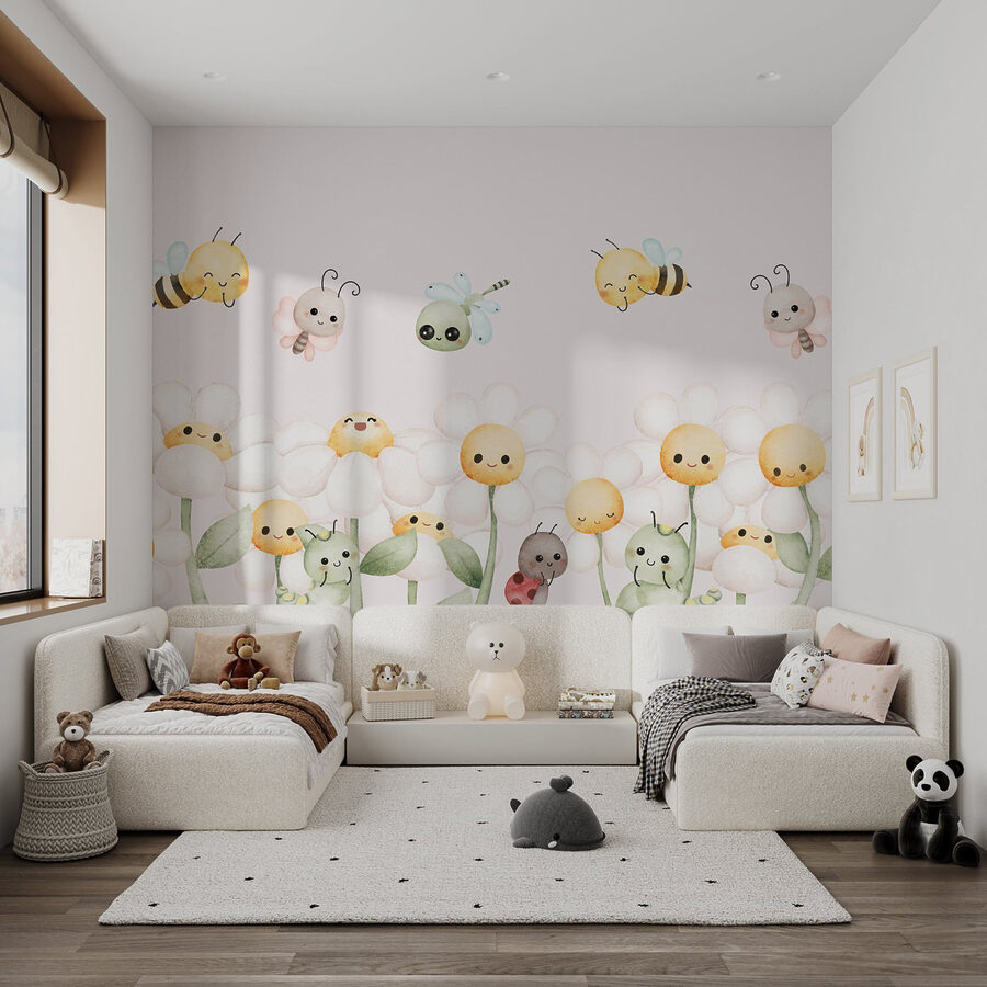 Groep cartoon insecten en bloemen