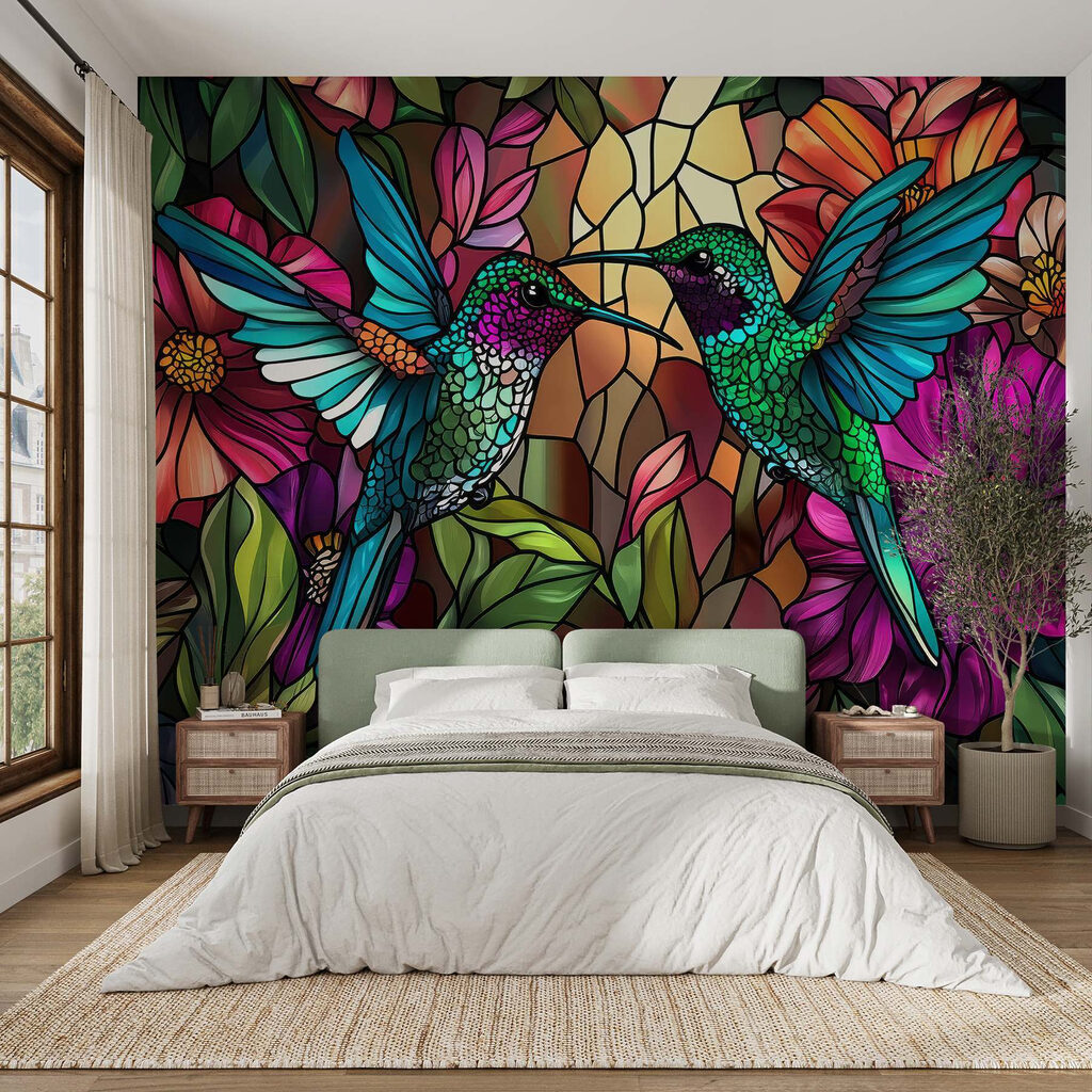 Stained glass window with colorful birds