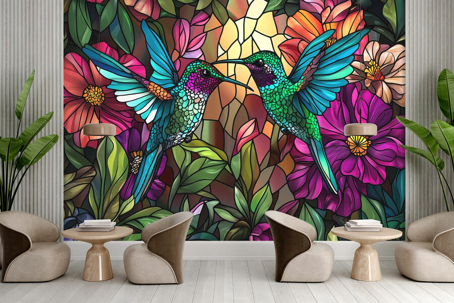 Glas-in-loodraam met kleurrijke vogels