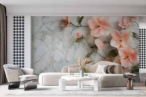 Groep roze bloemen op een marmeren oppervlak Fotobehang Groep roze bloemen op een marmeren oppervlak