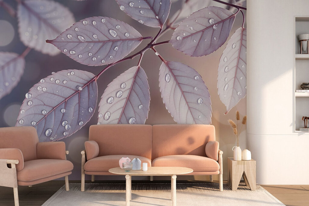 Delicate leaves with dewdrops resting