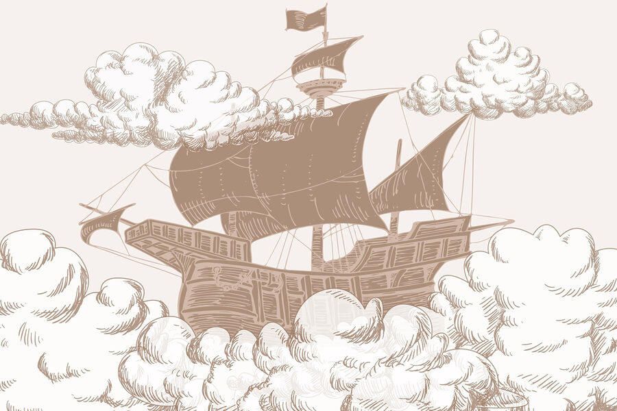 Tekening van een schip met een vlag erop Tekening van een schip met een vlag erop