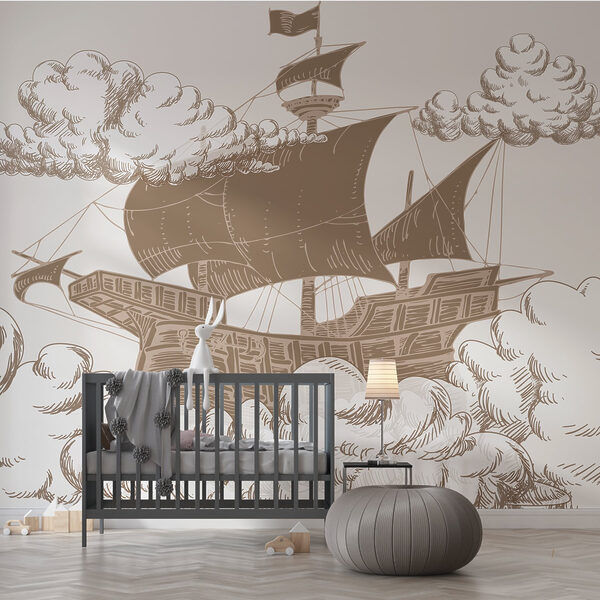 Tekening van een schip met een vlag erop Tekening van een schip met een vlag erop