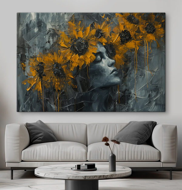Schilderij van een vrouw met gele bloemen Schilderij van een vrouw met gele bloemen