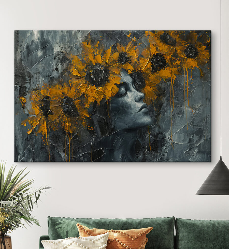 Schilderij van een vrouw met gele bloemen
