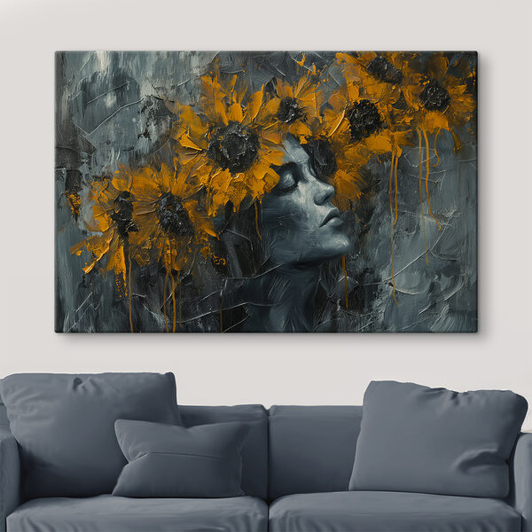 Schilderij van een vrouw met gele bloemen Schilderij van een vrouw met gele bloemen