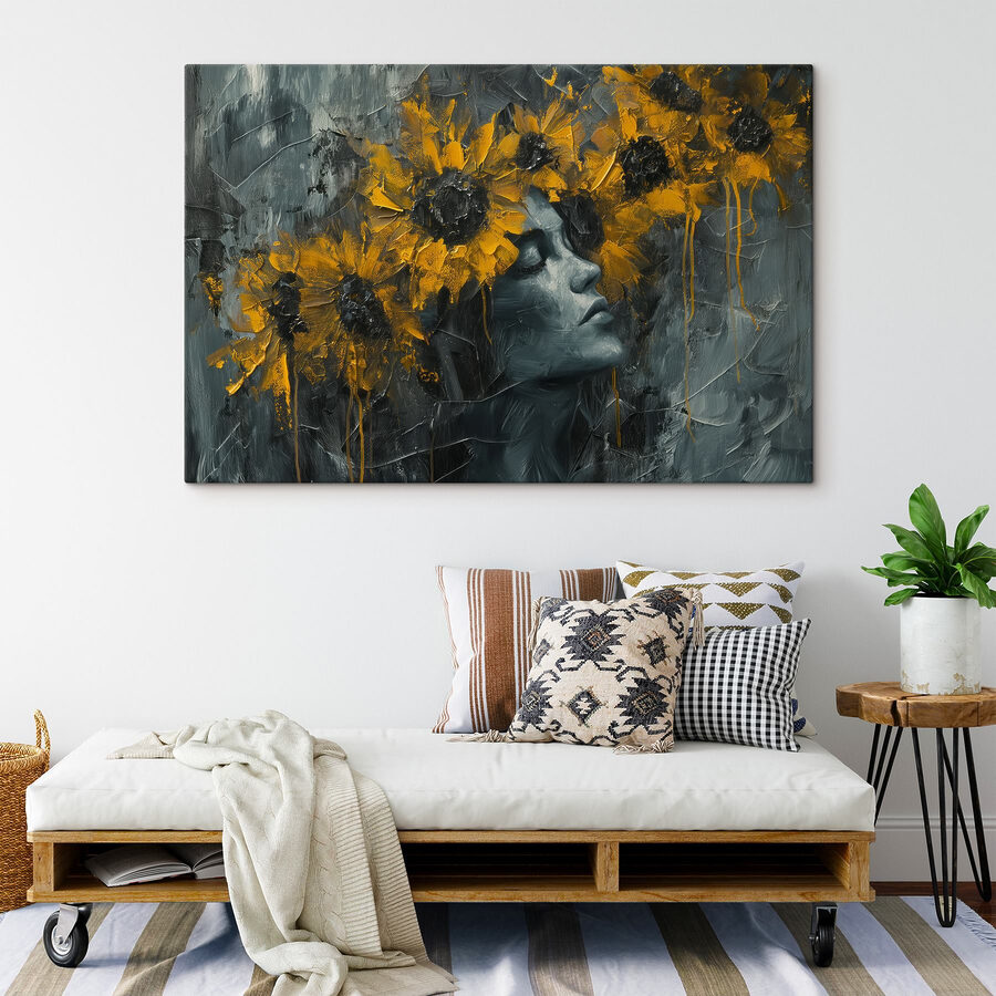 Schilderij van een vrouw met gele bloemen
