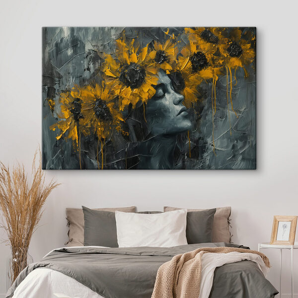 Schilderij van een vrouw met gele bloemen Schilderij van een vrouw met gele bloemen