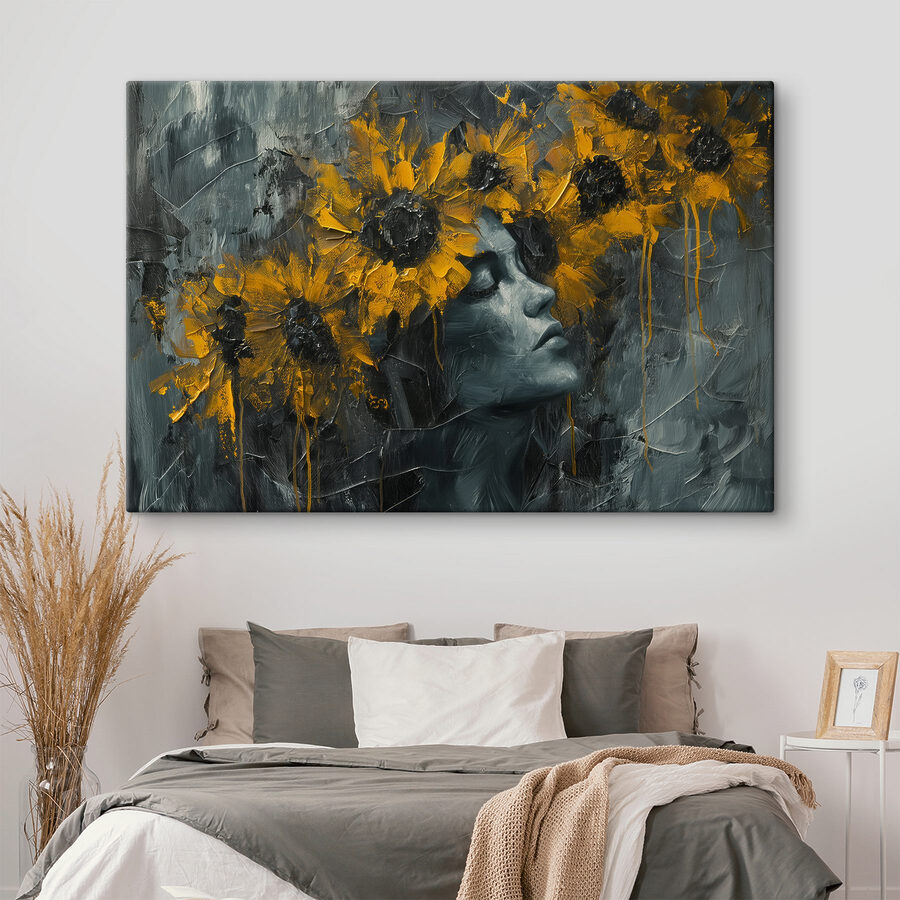 Schilderij van een vrouw met gele bloemen