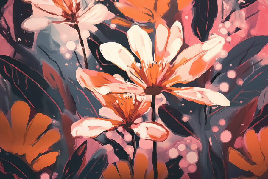 Schilderij van bloemen en bladeren Schilderij van bloemen en bladeren