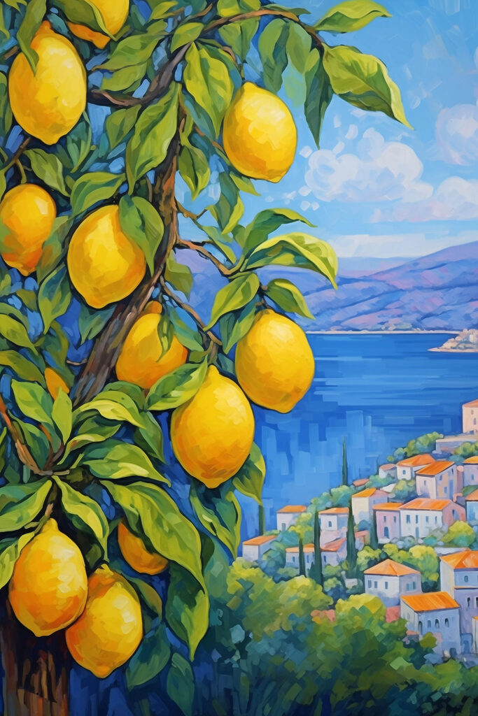 Painting of a lemon tree with a city in the background