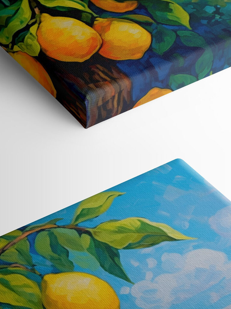 Painting of a lemon tree with a city in the background