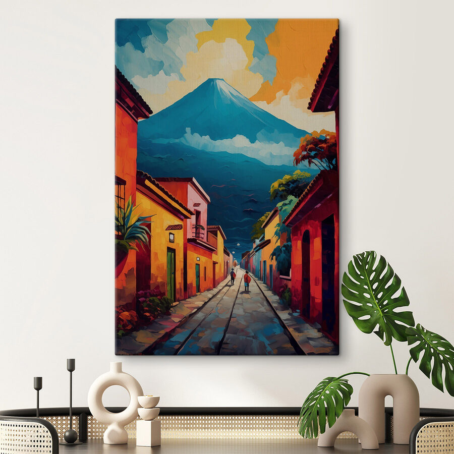 Schilderij van een straat met gebouwen en een berg op de achtergrond Schilderij van een straat met gebouwen en een berg op de achtergrond