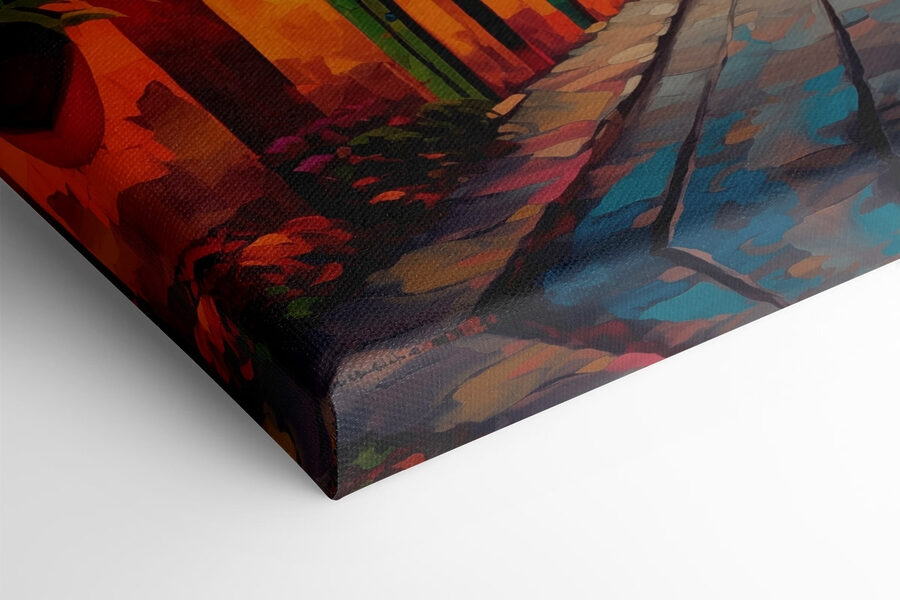 Schilderij van een straat met gebouwen en een berg op de achtergrond Schilderij van een straat met gebouwen en een berg op de achtergrond