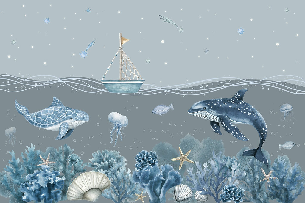 Zeeleven met een boot en vissen Zeeleven met een boot en vissen
