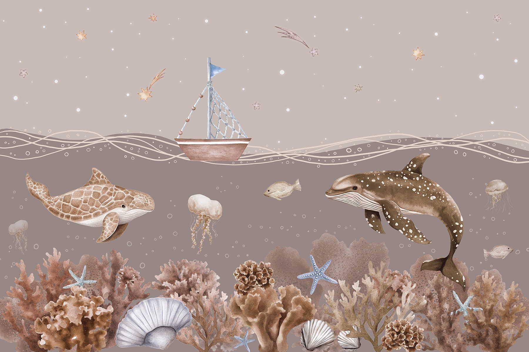 Sea life with a boat and fish Sea life with a boat and fish