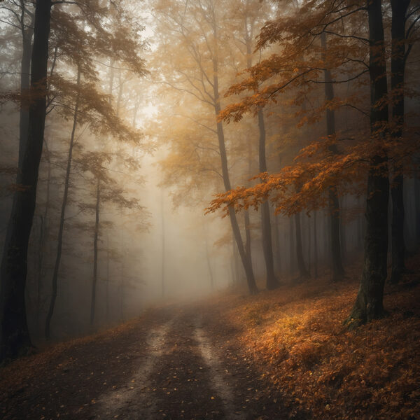 Mistig bos met bomen en bladeren Mistig bos met bomen en bladeren