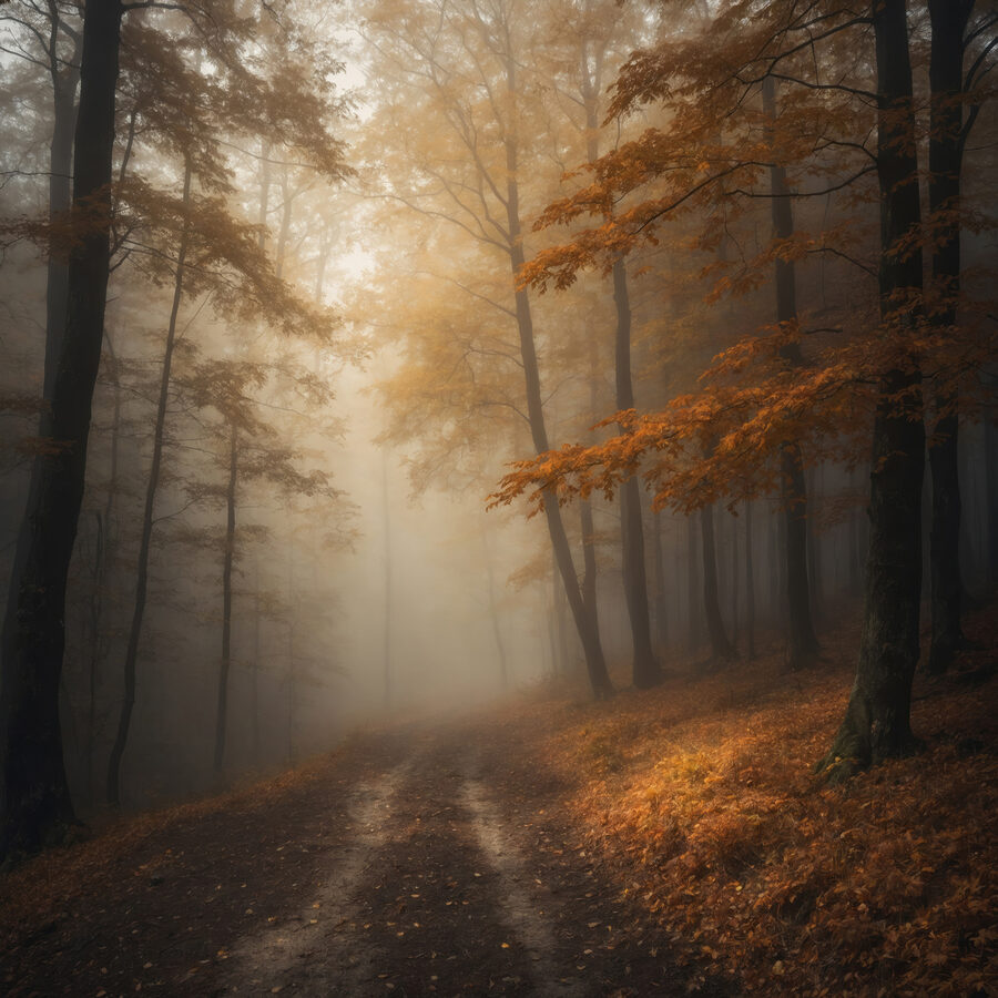 Mistig bos met bomen en bladeren