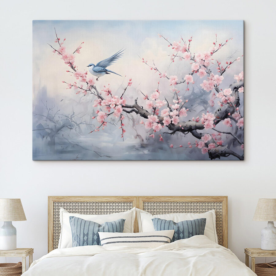 Vogel op een tak met roze bloemen