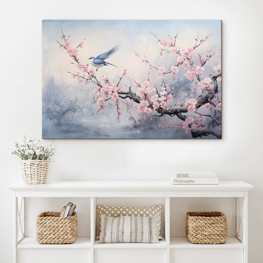 Vogel op een tak met roze bloemen