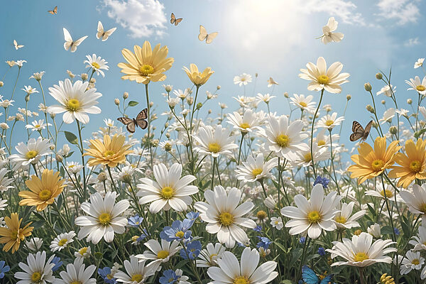 Groep vlinders vliegend over een veld met bloemen Groep vlinders vliegend over een veld met bloemen