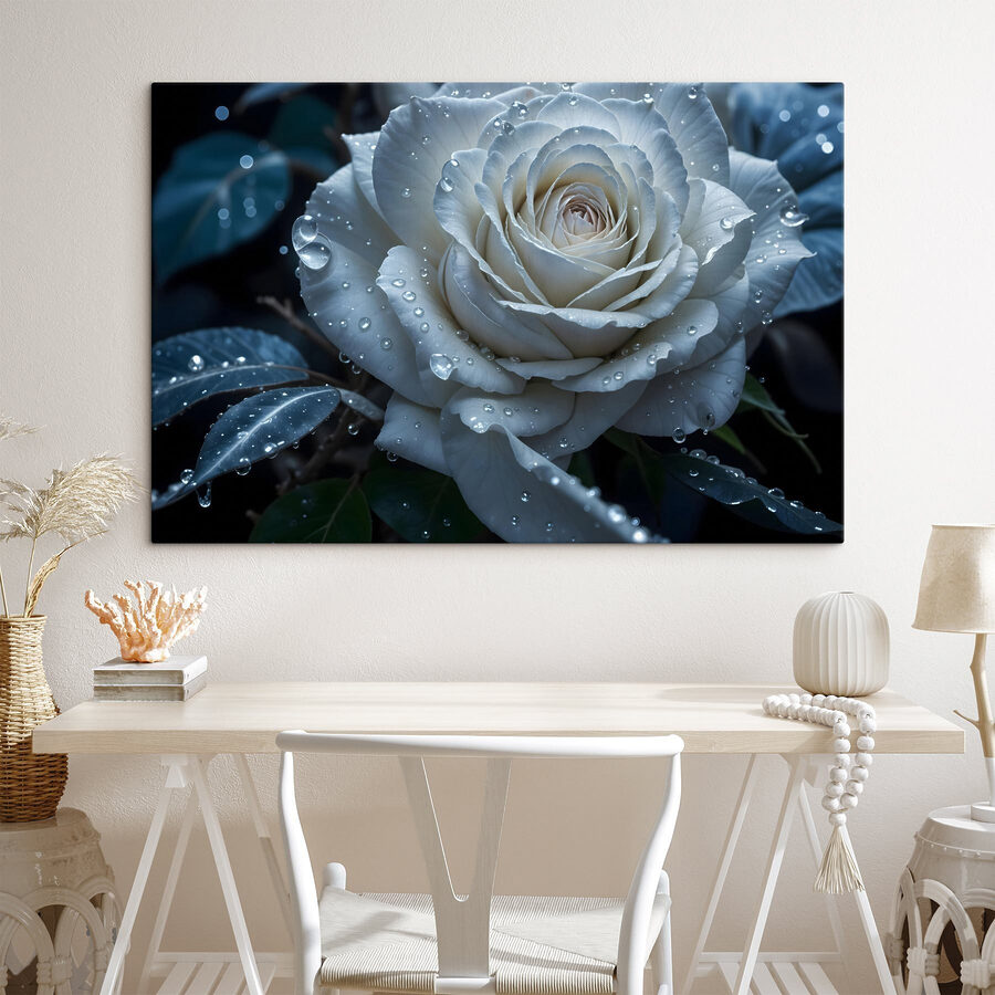 Witte roos met waterdruppels erop