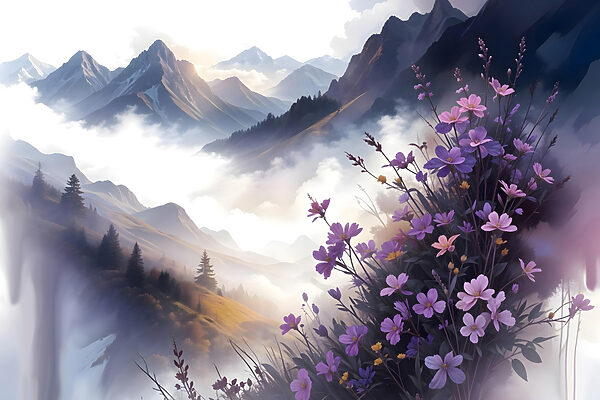 Paarse bloemen op een berg Paarse bloemen op een berg