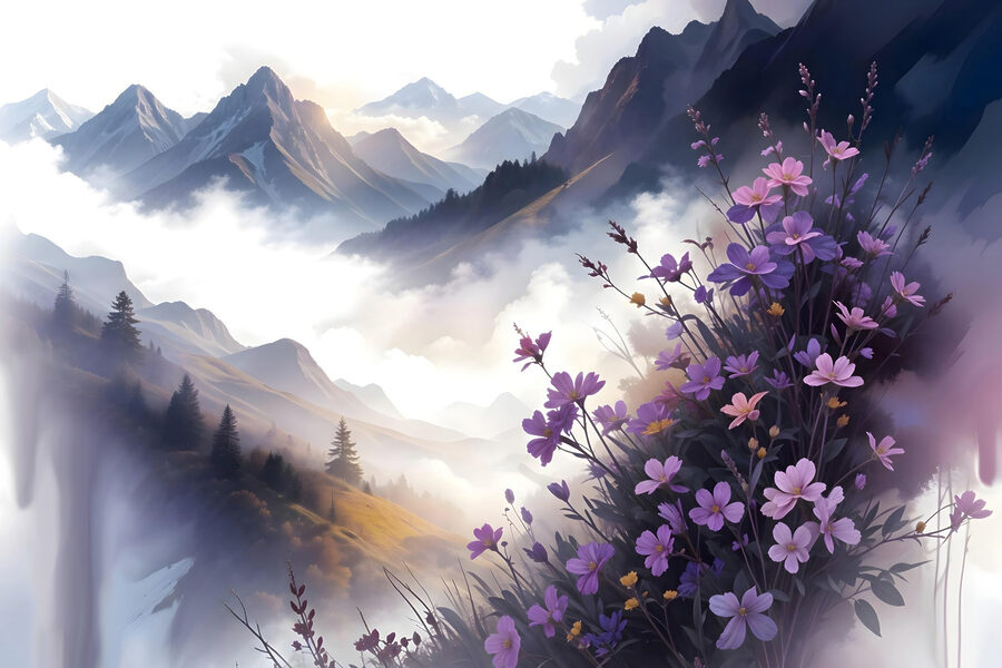 Paarse bloemen op een berg
