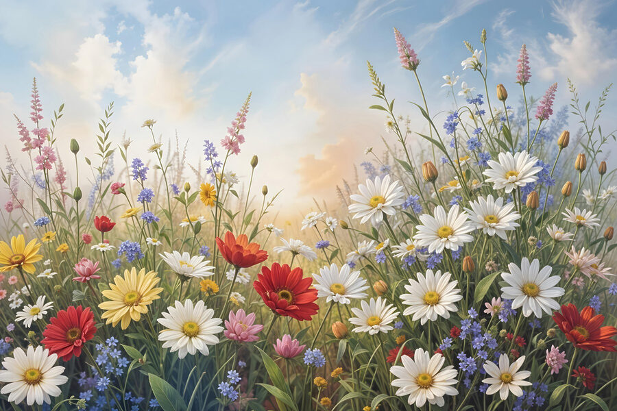 Field of flowers with blue sky and clouds Field of flowers with blue sky and clouds