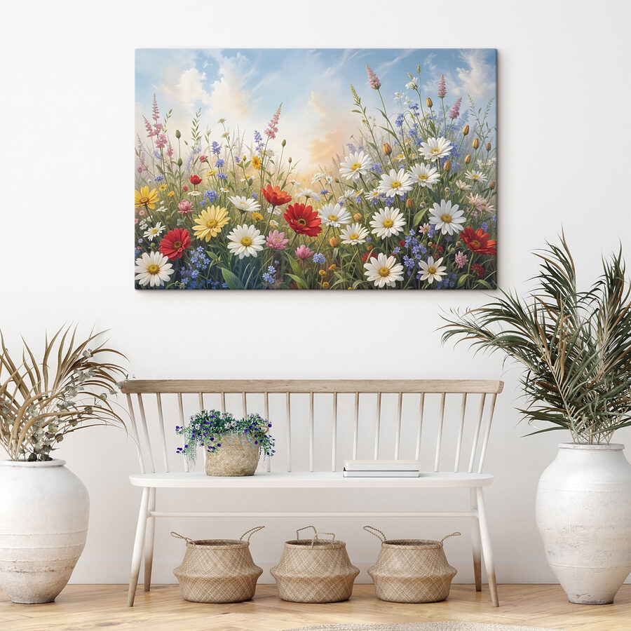 Field of flowers with blue sky and clouds Field of flowers with blue sky and clouds
