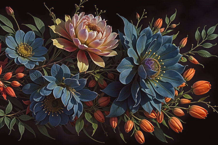 Groep bloemen met oranje knoppen