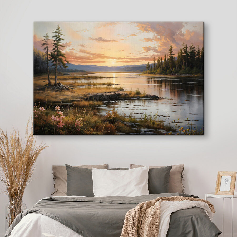 Landschap van een meer met een zonsondergang