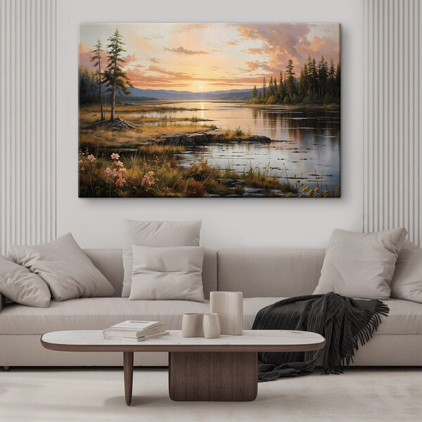 Landschap van een meer met een zonsondergang Landschap van een meer met een zonsondergang