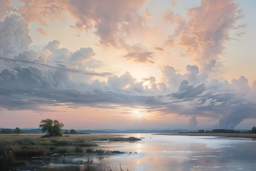 Body of water with a tree and clouds in the sky Body of water with a tree and clouds in the sky