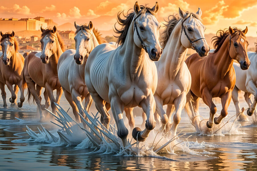 Groep paarden loopt door water