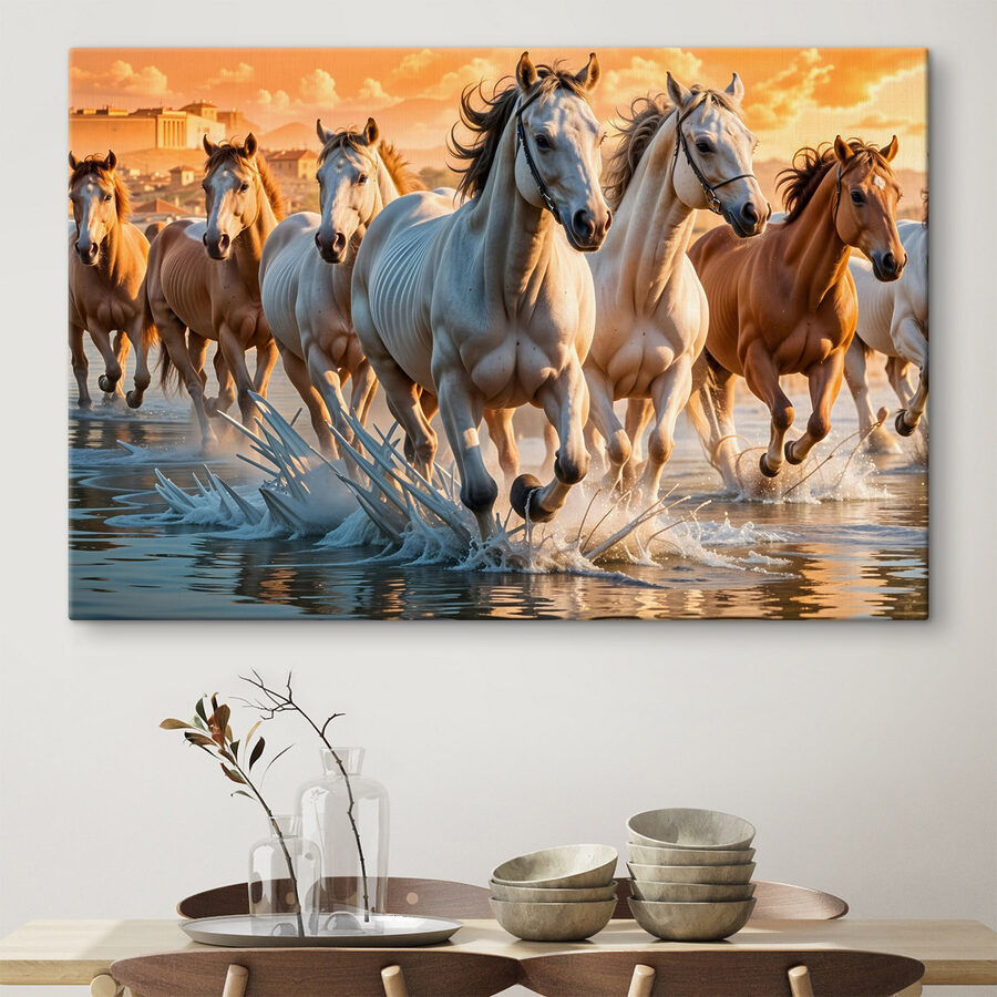 Groep paarden loopt door water