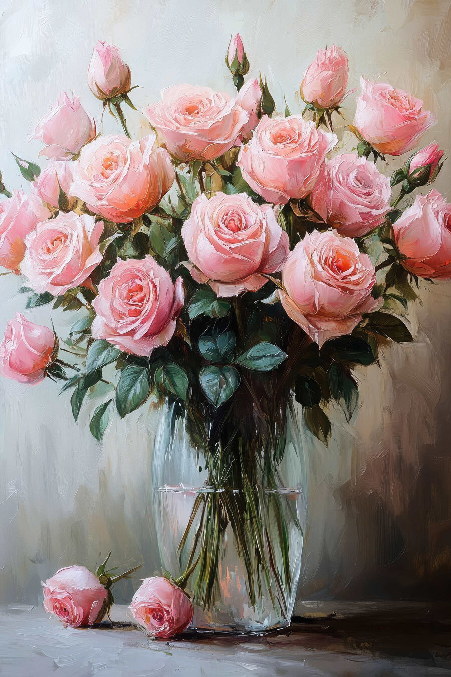 Schilderij van roze rozen in een vaas Schilderij van roze rozen in een vaas