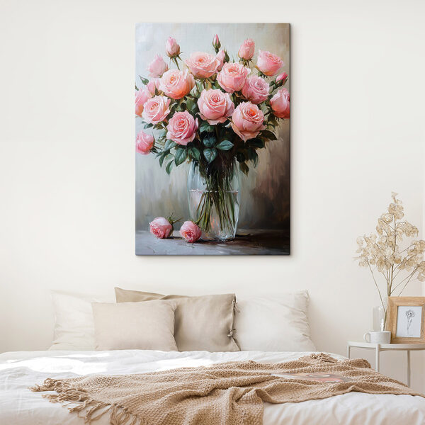 Schilderij van roze rozen in een vaas Schilderij van roze rozen in een vaas