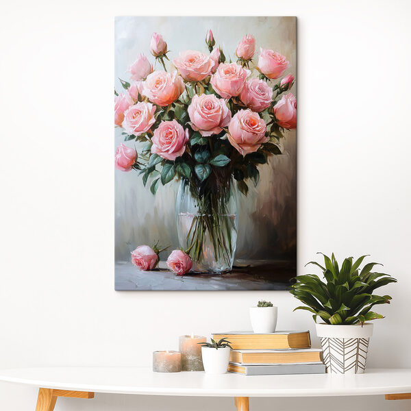 Schilderij van roze rozen in een vaas Schilderij van roze rozen in een vaas
