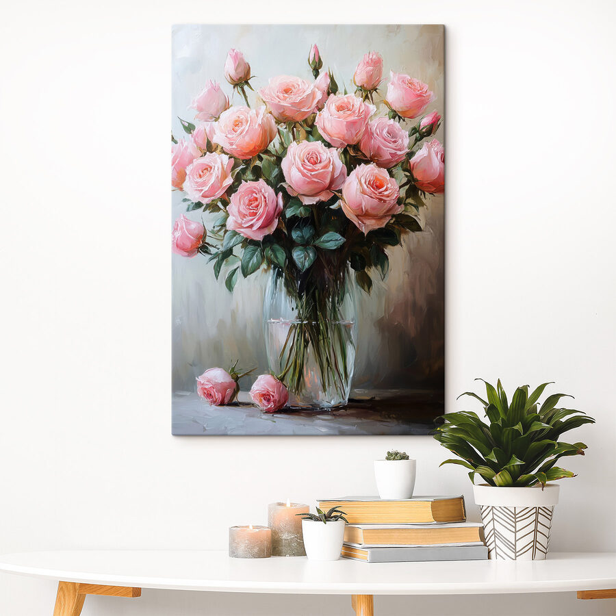 Schilderij van roze rozen in een vaas Schilderij van roze rozen in een vaas