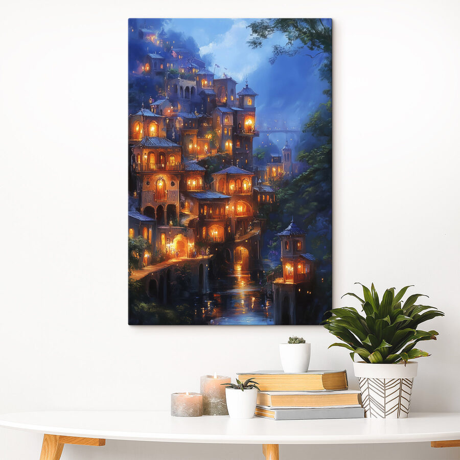 Verlichte gebouwen op een heuvel