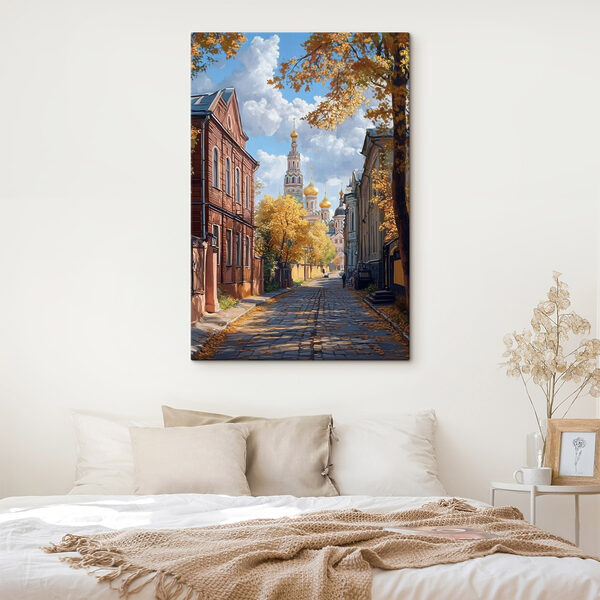 Straat met gebouwen en bomen Straat met gebouwen en bomen