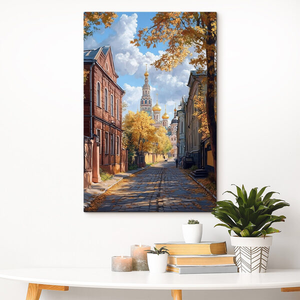 Straat met gebouwen en bomen Straat met gebouwen en bomen