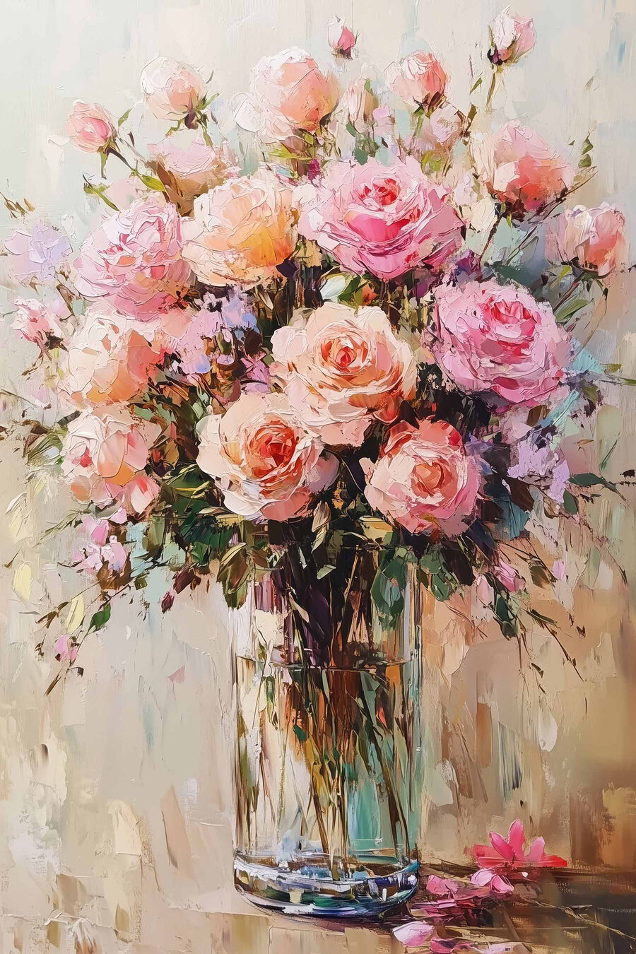 Schilderij van een boeket roze rozen Schilderij van een boeket roze rozen
